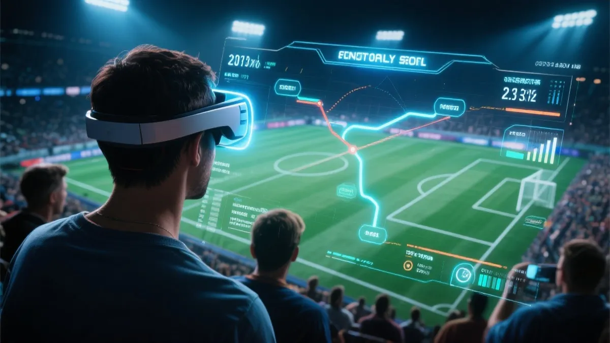 球迷佩戴增强现实设备观看足球比赛，画面叠加数据和战术线路