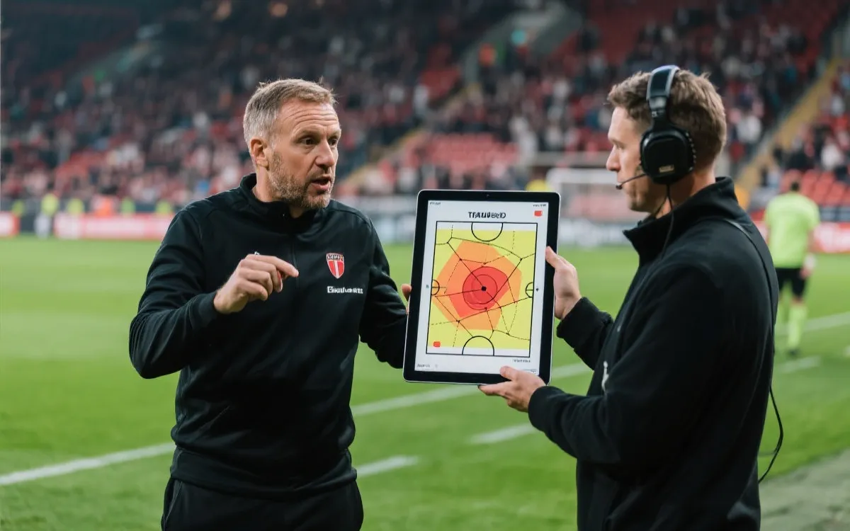 教练在场边布置战术与球员在数据板前分析攻防效率的场景